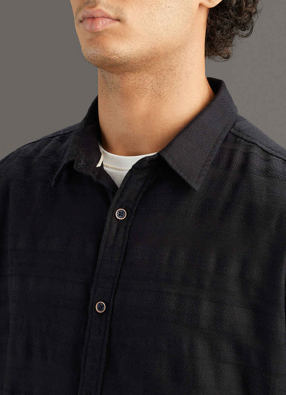 Men Black Solid Regular Fit Self-structured Shirt, , large image number 1