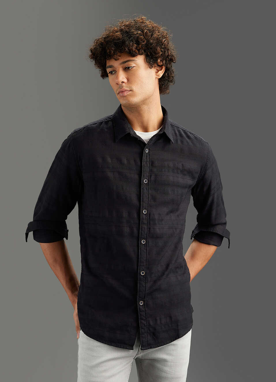 Men Black Solid Regular Fit Self-structured Shirt, , large image number 5