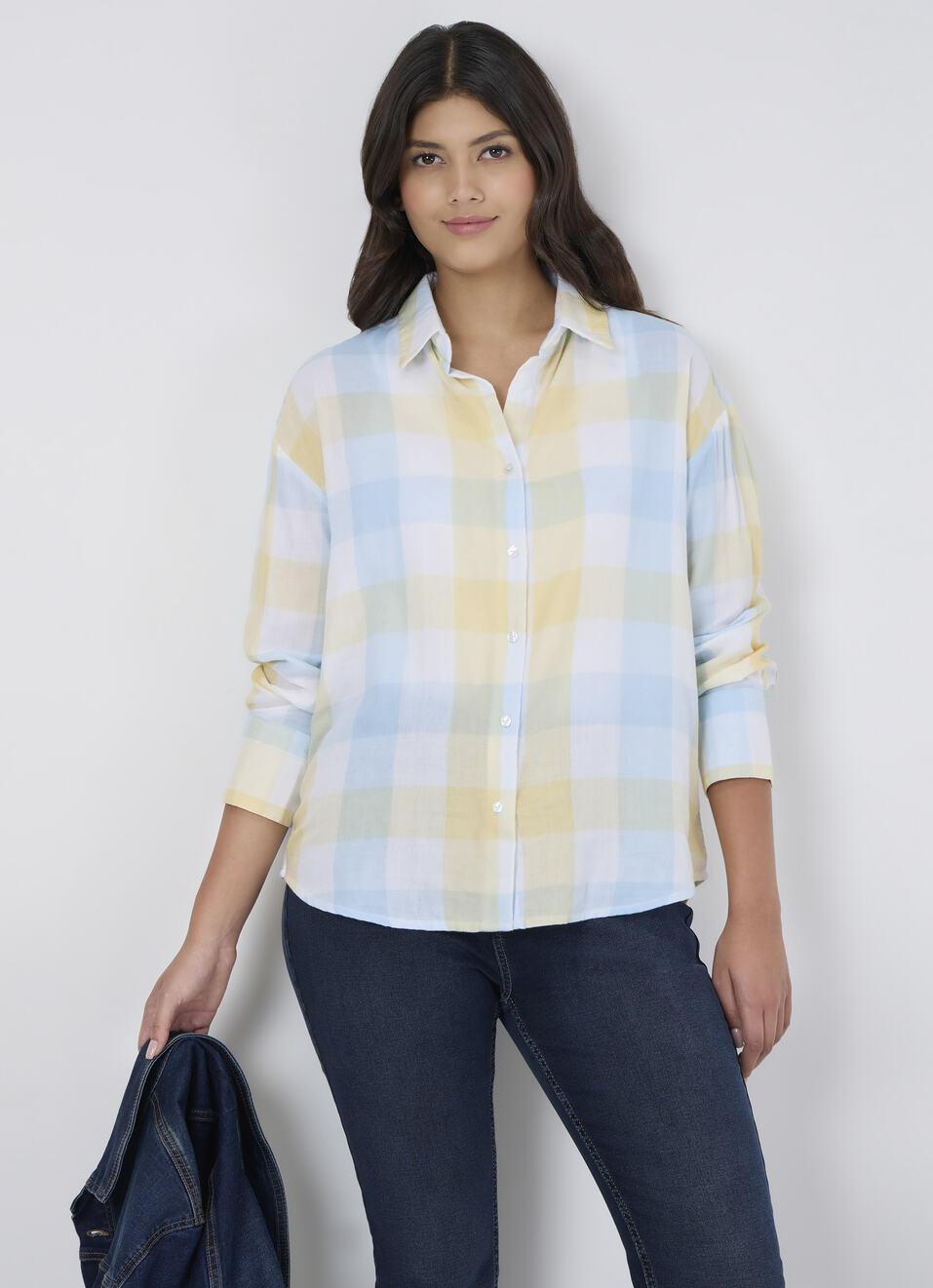 Women Yellow Checked Oversized Shirt, , large image number 0