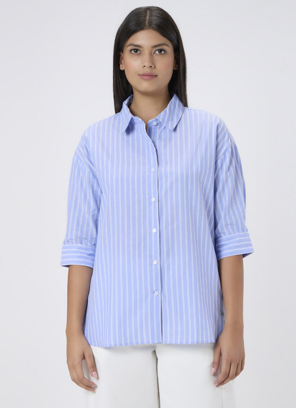 Women Blue Striped Oversized Shirt, , large image number 1