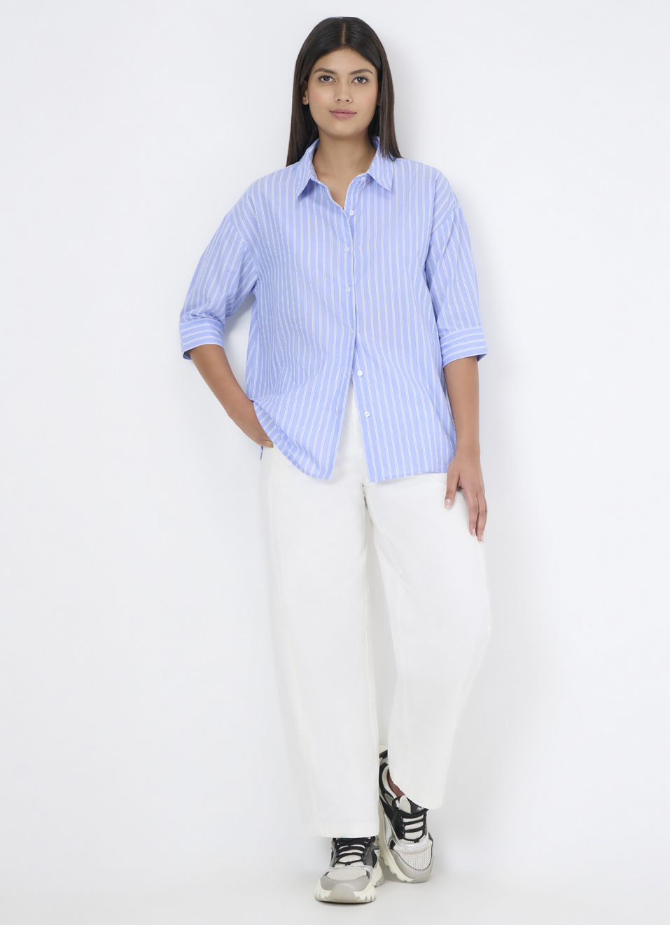 Women Blue Striped Oversized Shirt, , large image number 5
