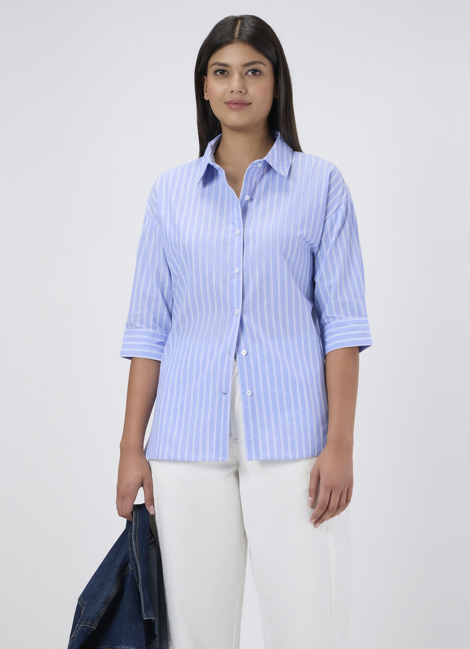 Women Blue Striped Oversized Shirt, , large image number 0