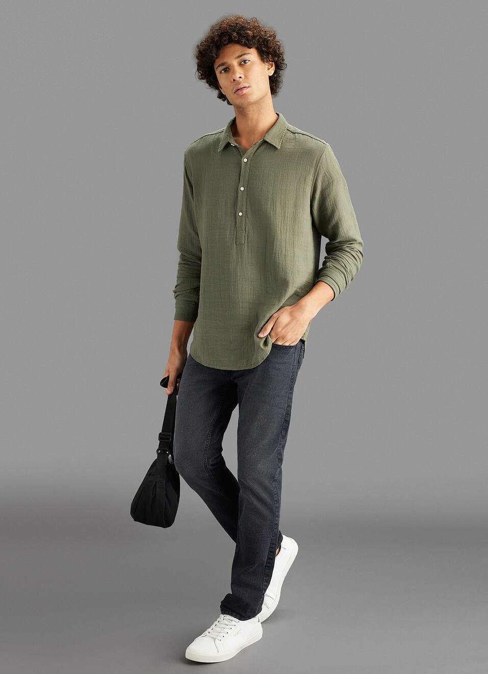 Men Olive Solid Regular Fit Kurta Placket Shirt, , large image number 2