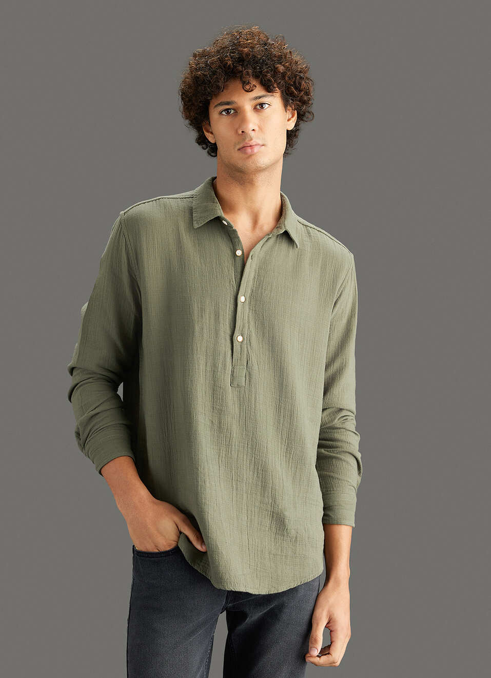 Men Olive Solid Regular Fit Kurta Placket Shirt, , large image number 5