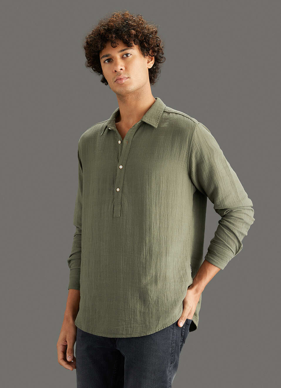 Men Olive Solid Regular Fit Kurta Placket Shirt, , large image number 7