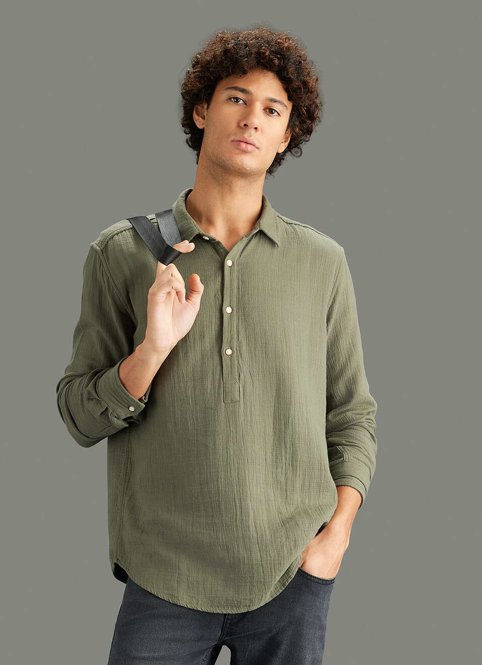 Men Olive Solid Regular Fit Kurta Placket Shirt, , large image number 0