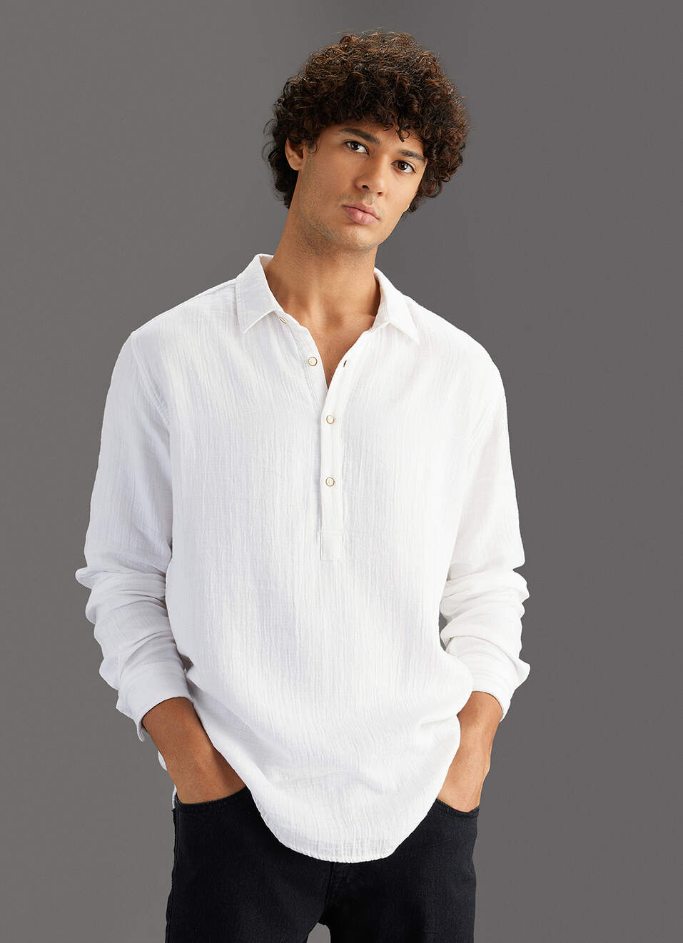 Men White Solid Regular Fit Kurta Placket Shirt, , large image number 5