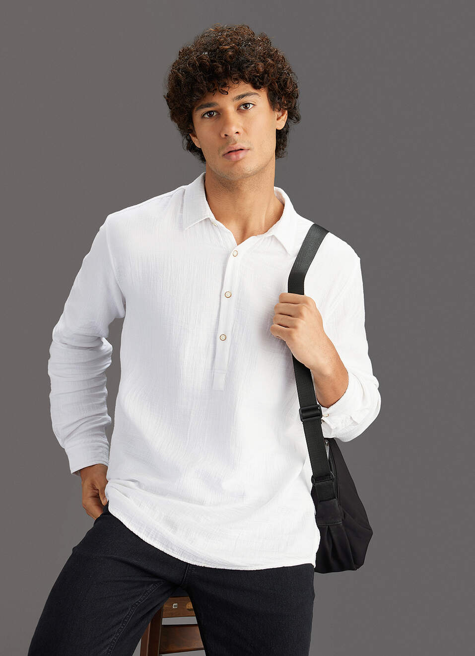 Men White Solid Regular Fit Kurta Placket Shirt, , large image number 0