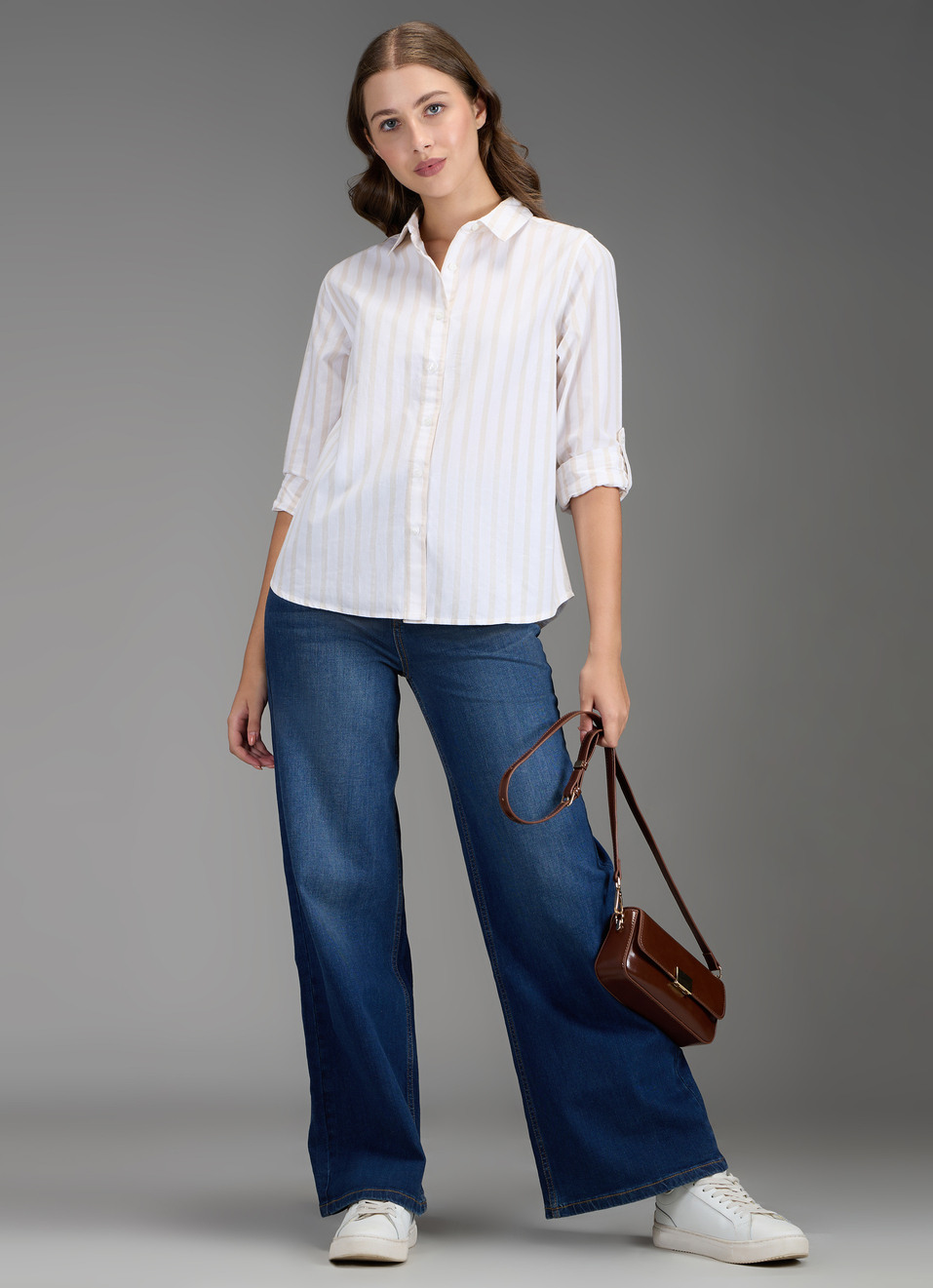 Women Beige Striped Regular Fit Shirt, , large image number 2