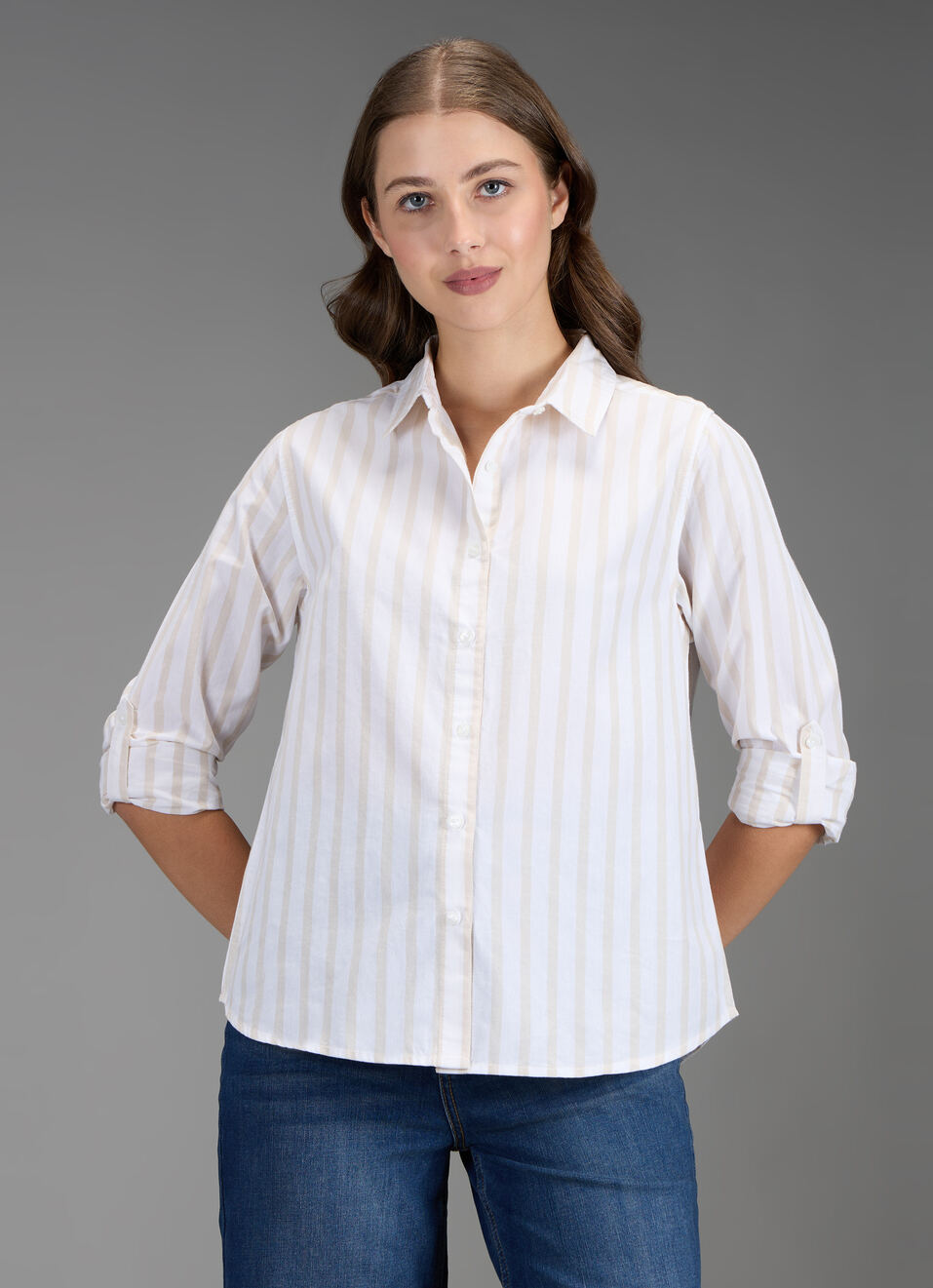 Women Beige Striped Regular Fit Shirt, , large image number 5