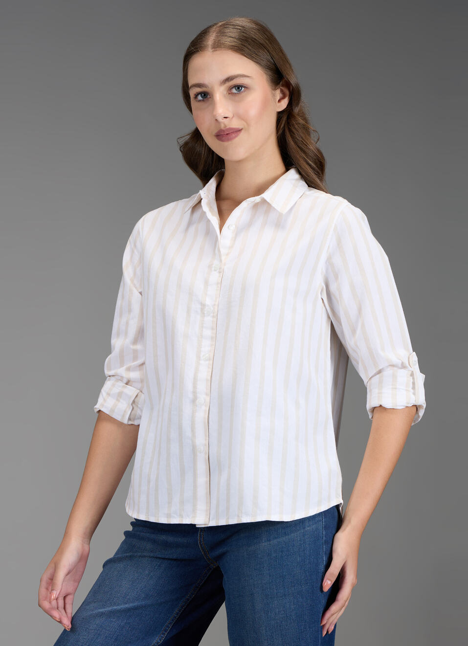Women Beige Striped Regular Fit Shirt, , large image number 7
