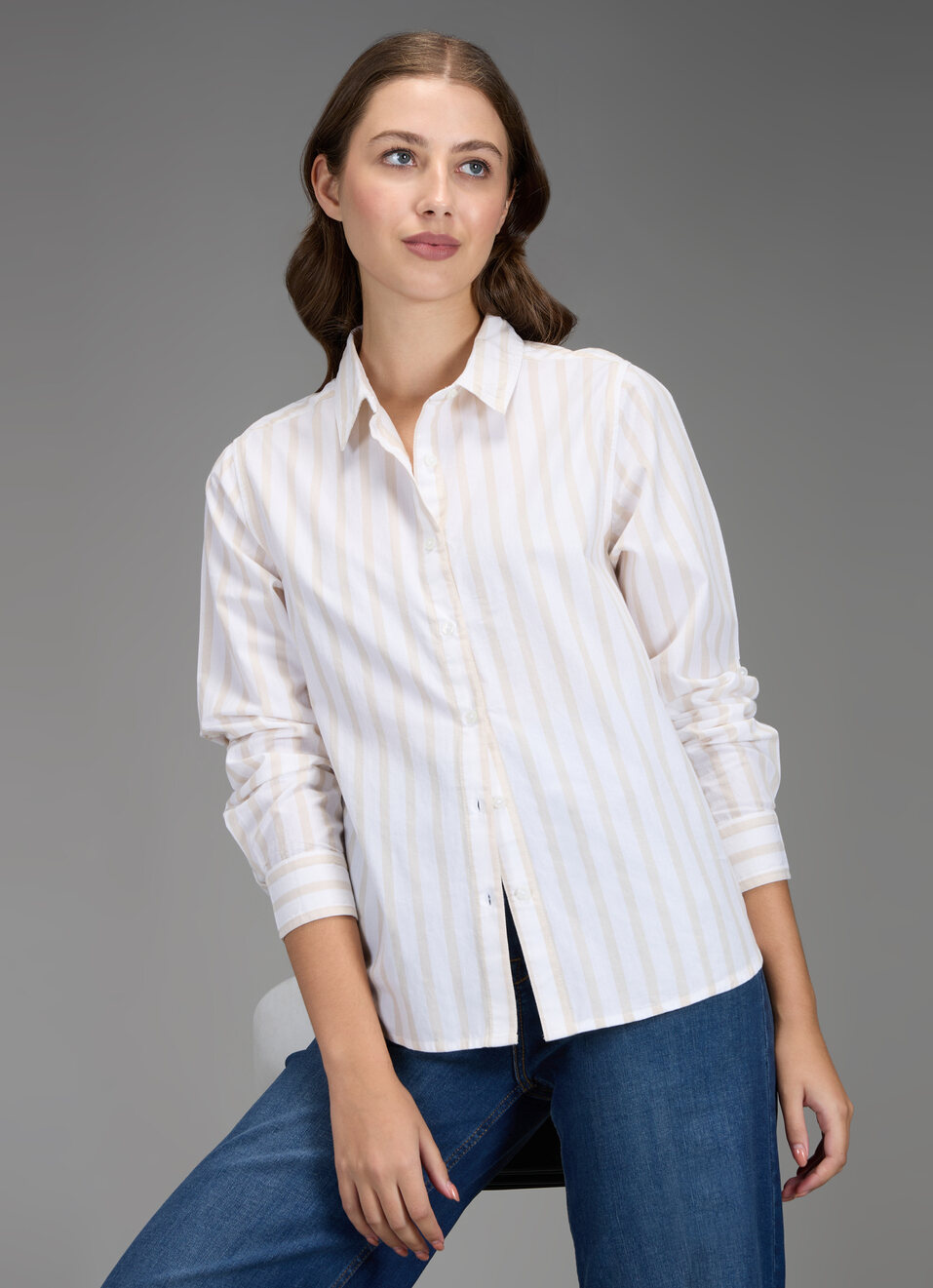 Women Beige Striped Regular Fit Shirt, , large image number 0