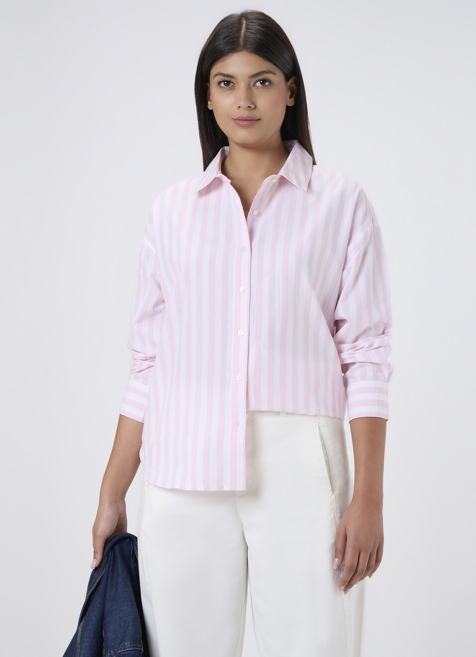 Women Pink Striped Oversized Shirt, , large image number 0