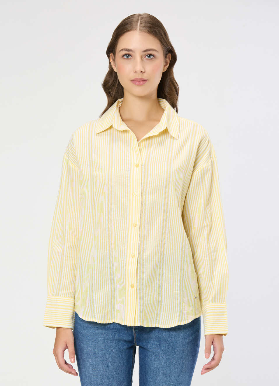 Women Yellow Striped Oversized Shirt, , large image number 1