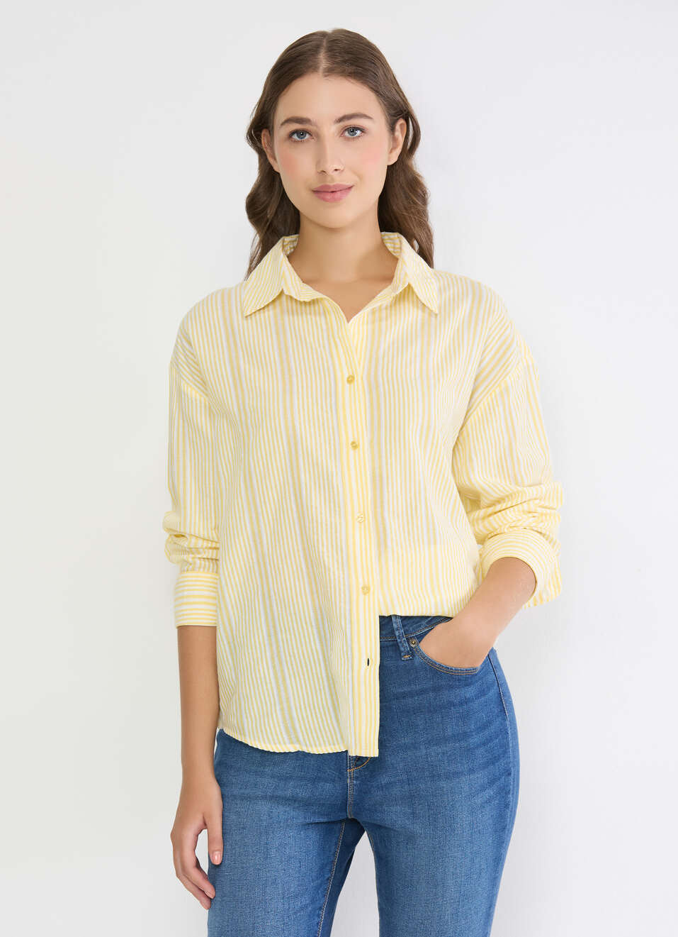 Women Yellow Striped Oversized Shirt, , large image number 0