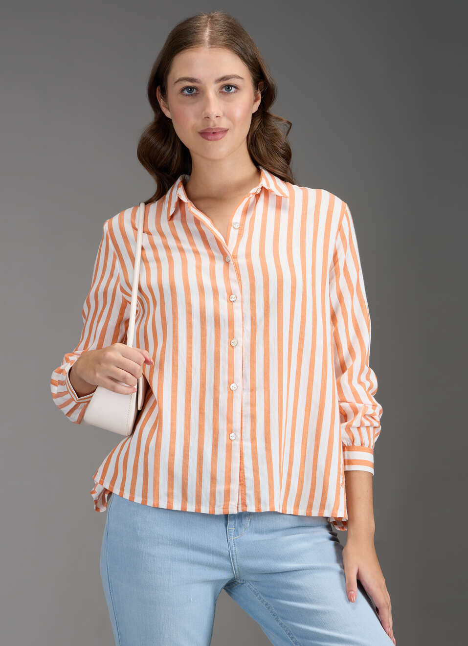 Women Orange Striped Regular Fit Shirt, , large image number 0