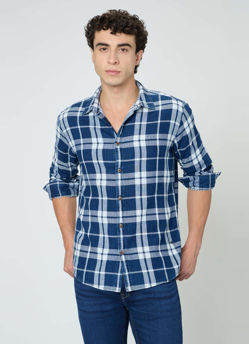 Men Indigo Blue Checked Shirt, , large image number 1