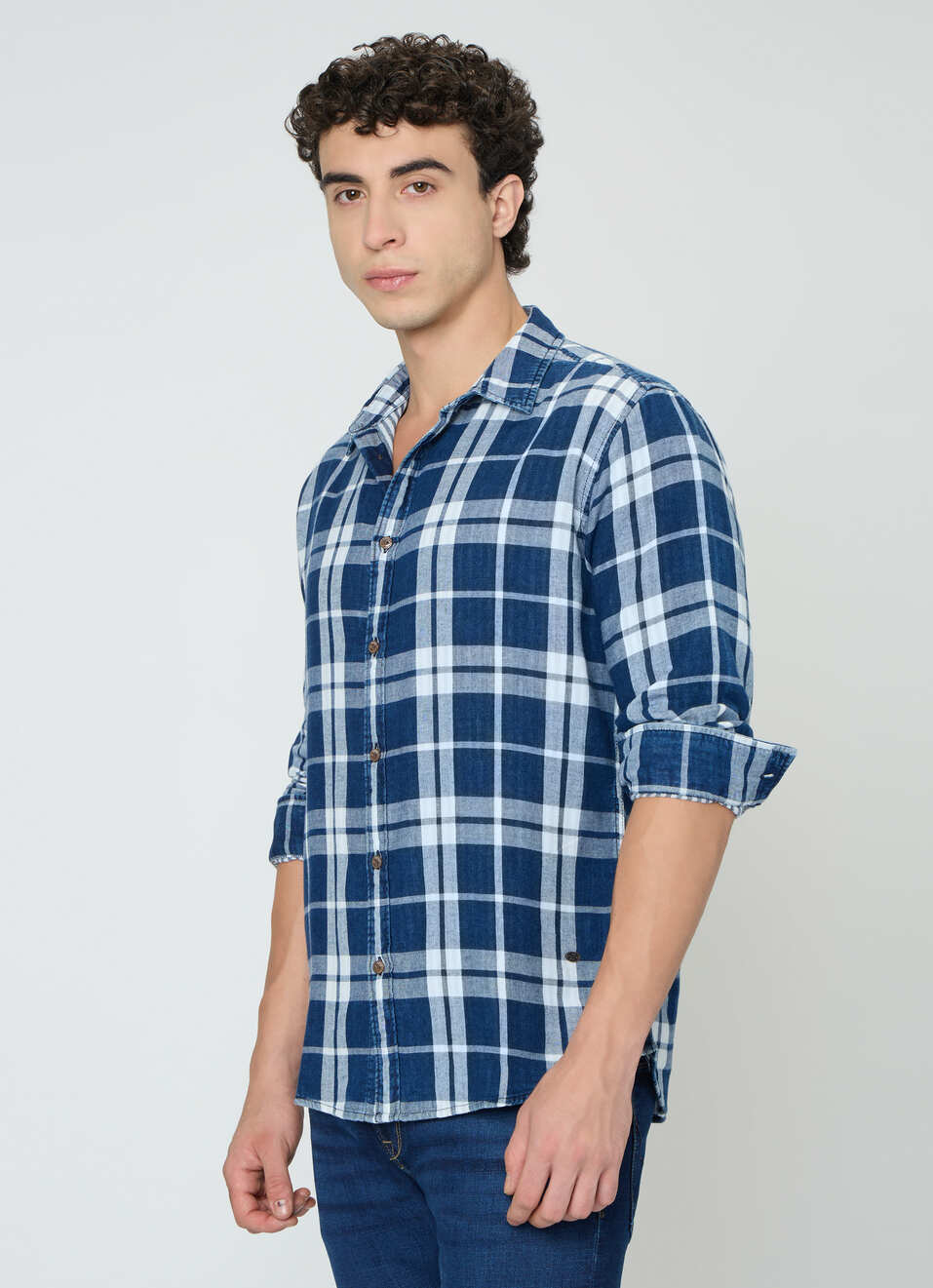 Men Indigo Blue Checked Shirt, , large image number 3