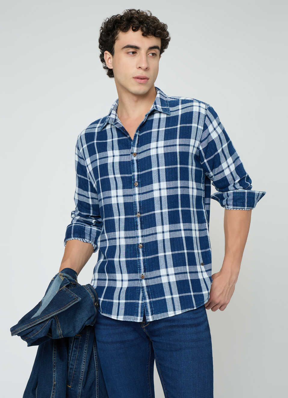 Men Indigo Blue Checked Shirt, , large image number 0