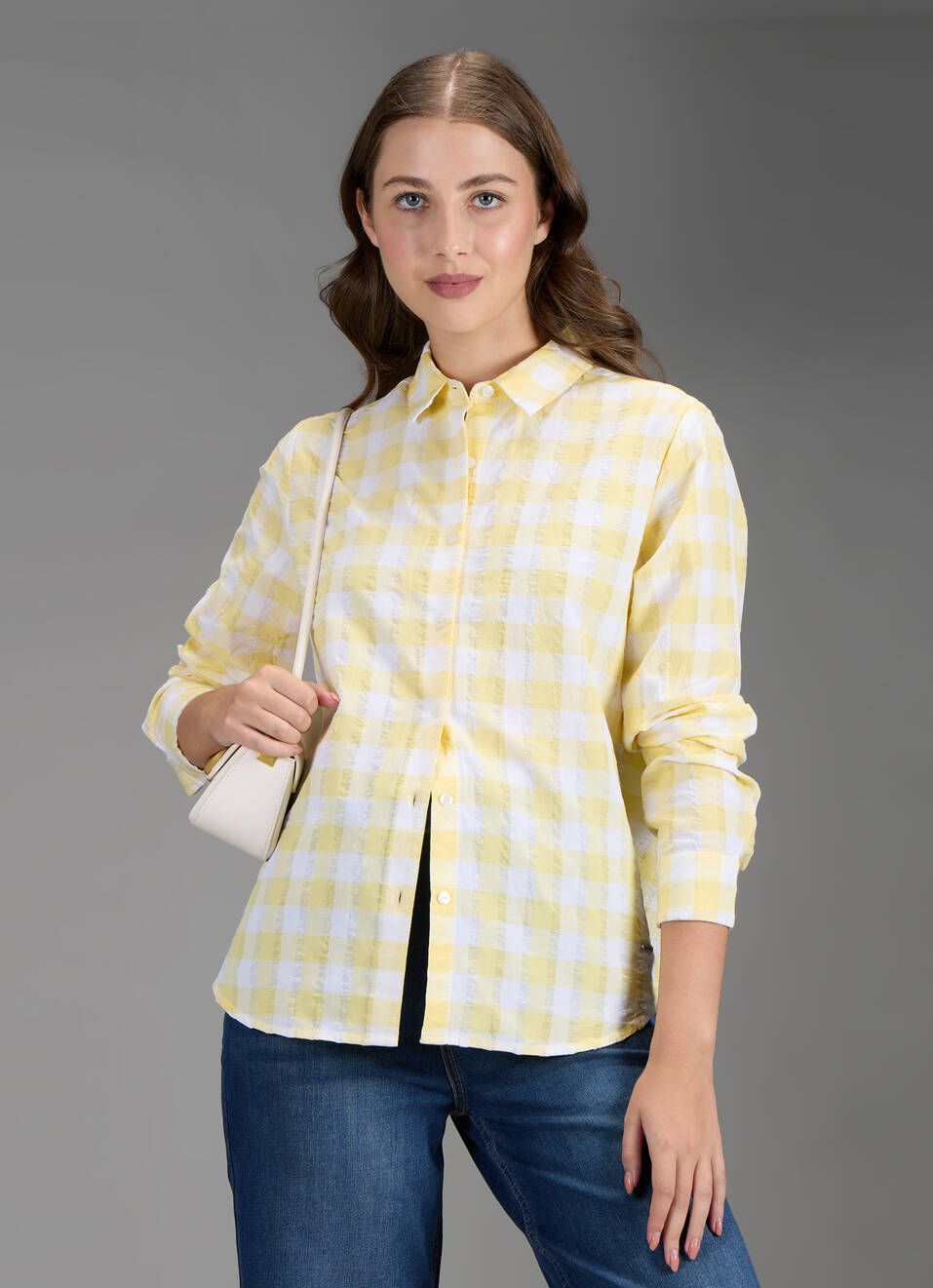Women Yellow Checked Regular Fit Shirt, , large image number 0