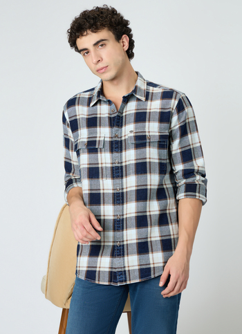 Men Indigo Blue Checked Shirt