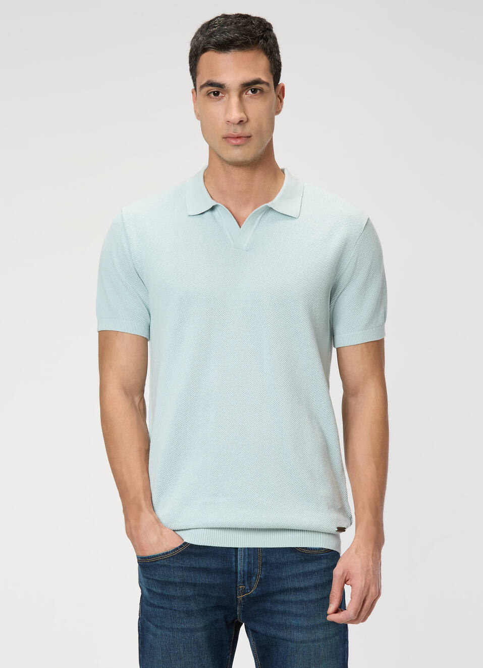 Men Sky Blue Regular Fit Short Sleeve Knitted Polo, , large image number 1