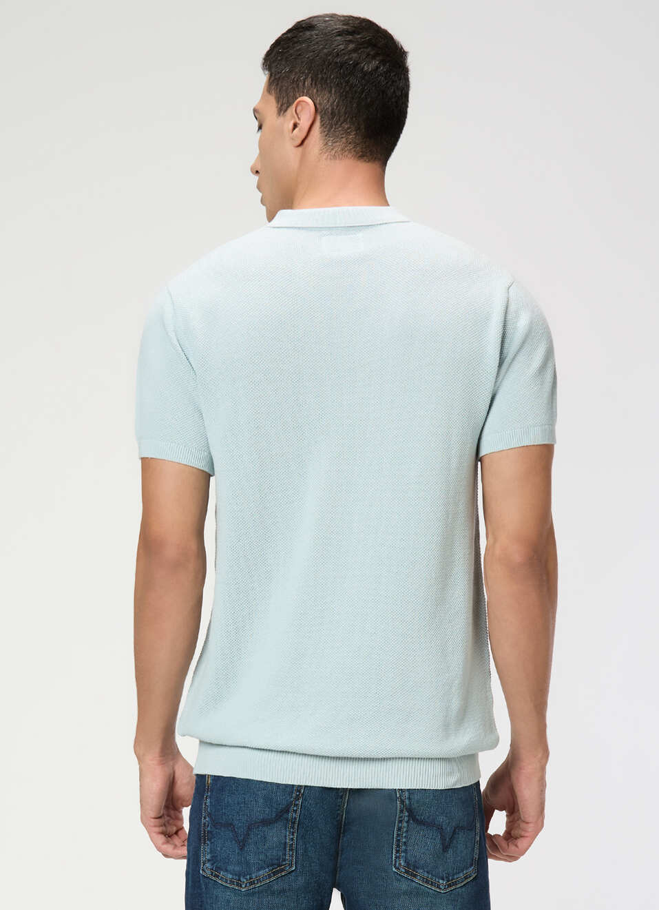 Men Sky Blue Regular Fit Short Sleeve Knitted Polo, , large image number 2