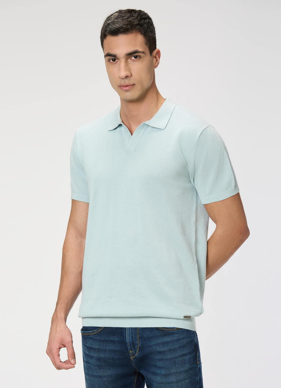 Men Sky Blue Regular Fit Short Sleeve Knitted Polo, , large image number 3