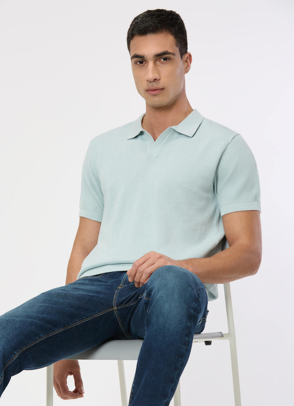 Men Sky Blue Regular Fit Short Sleeve Knitted Polo, , large image number 0