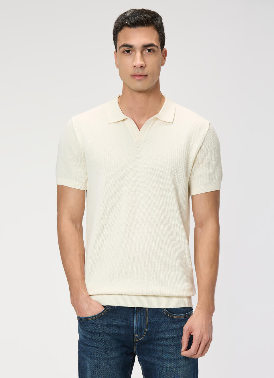 Men Ecru White Regular Fit Short Sleeve Knitted Polo, , large image number 1