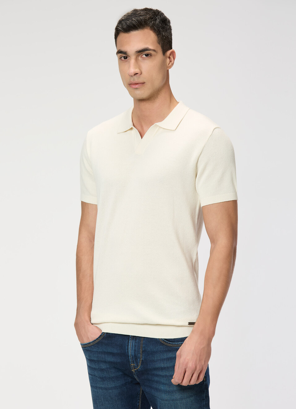 Men Ecru White Regular Fit Short Sleeve Knitted Polo, , large image number 3