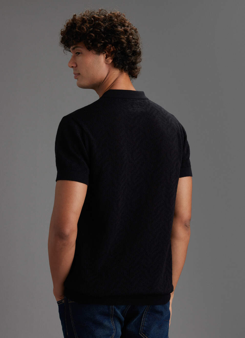 Men Black Regular Fit Short Sleeve Zip Knitted Polo, , large image number 6