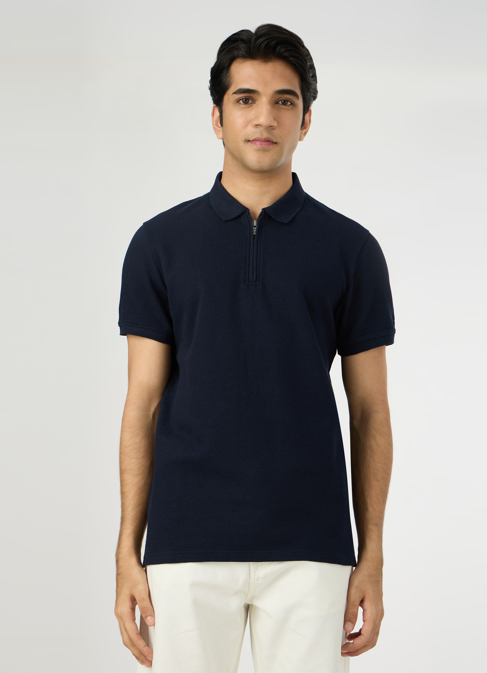 Men Navy Zipper Polo Collar T-shirt, , large image number 1