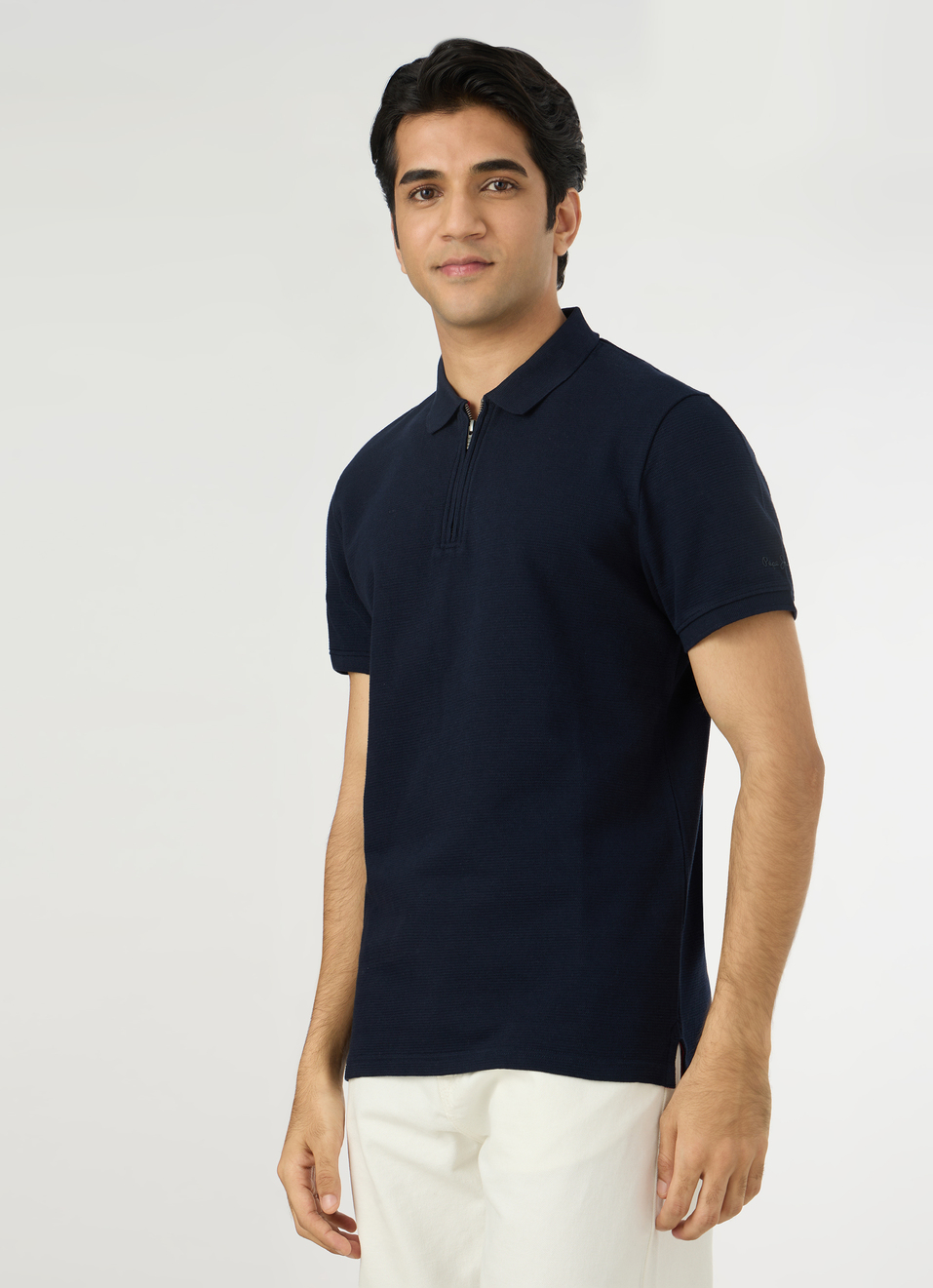 Men Navy Zipper Polo Collar T-shirt, , large image number 3