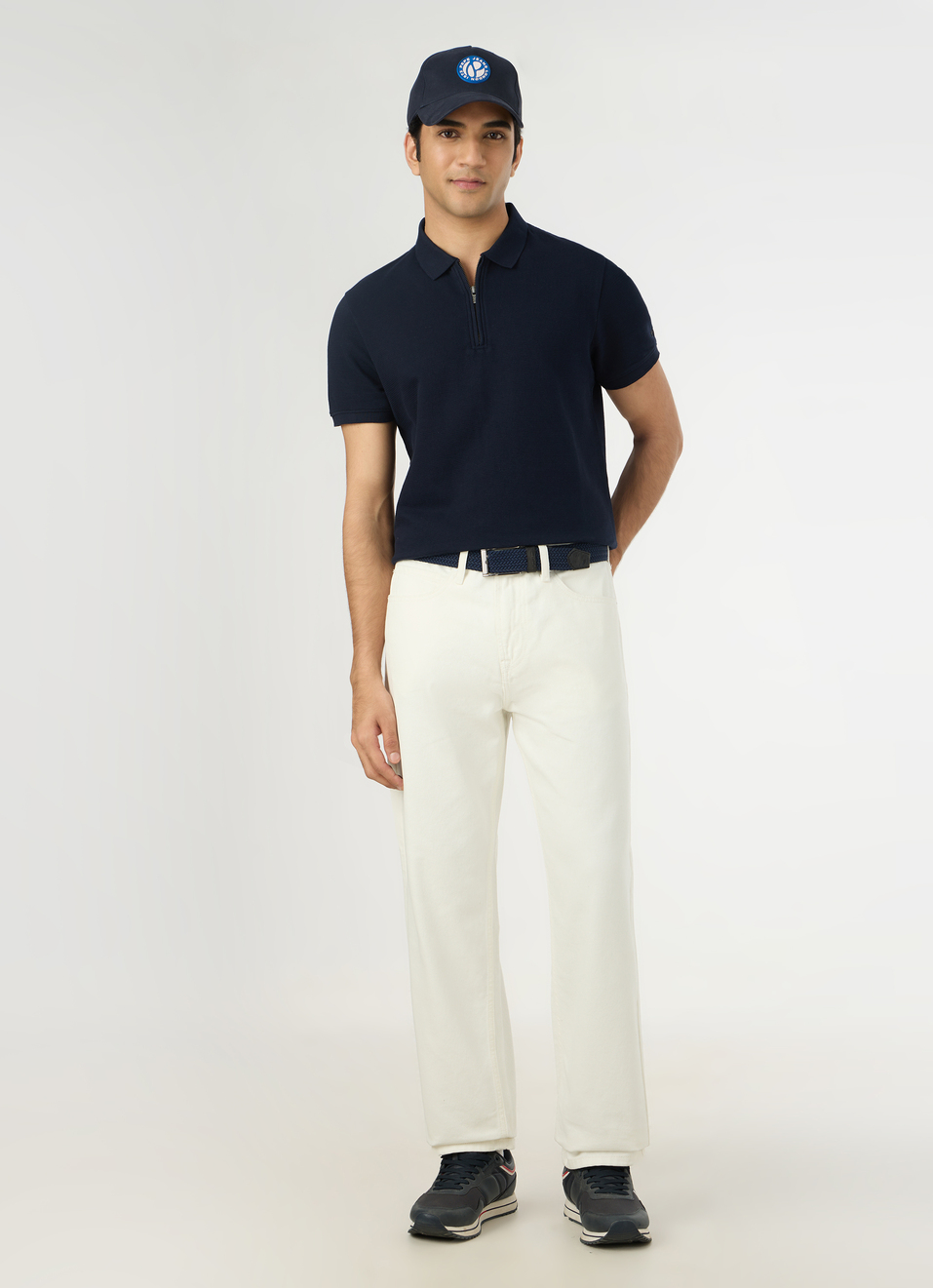 Men Navy Zipper Polo Collar T-shirt, , large image number 5