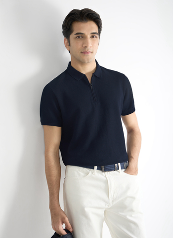 Men Navy Zipper Polo Collar T-shirt