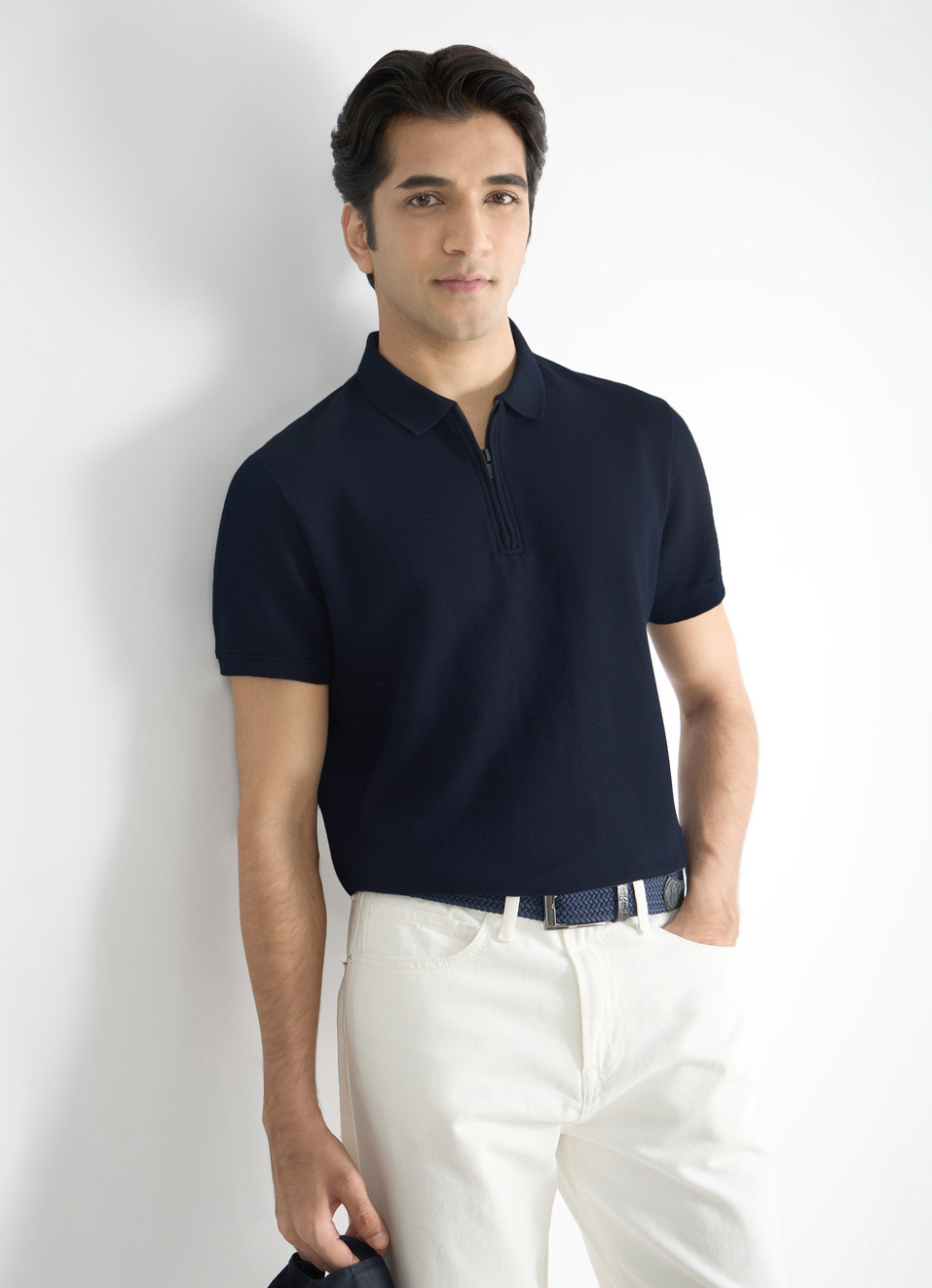 Men Navy Zipper Polo Collar T-shirt, , large image number 0