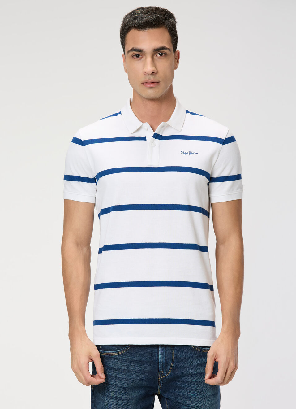 Men White Striped Polo Collar T-shirt, , large image number 1