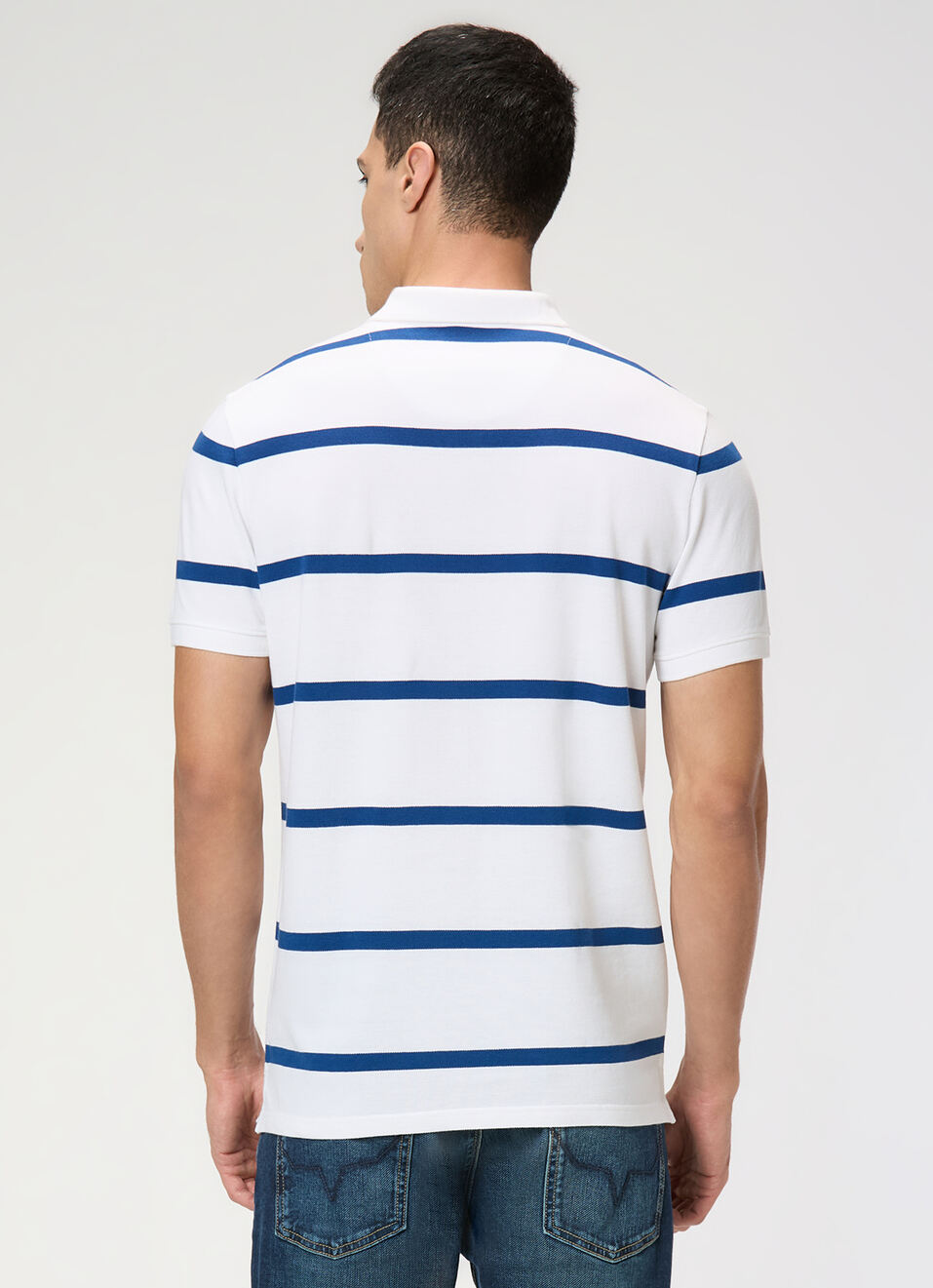 Men White Striped Polo Collar T-shirt, , large image number 2
