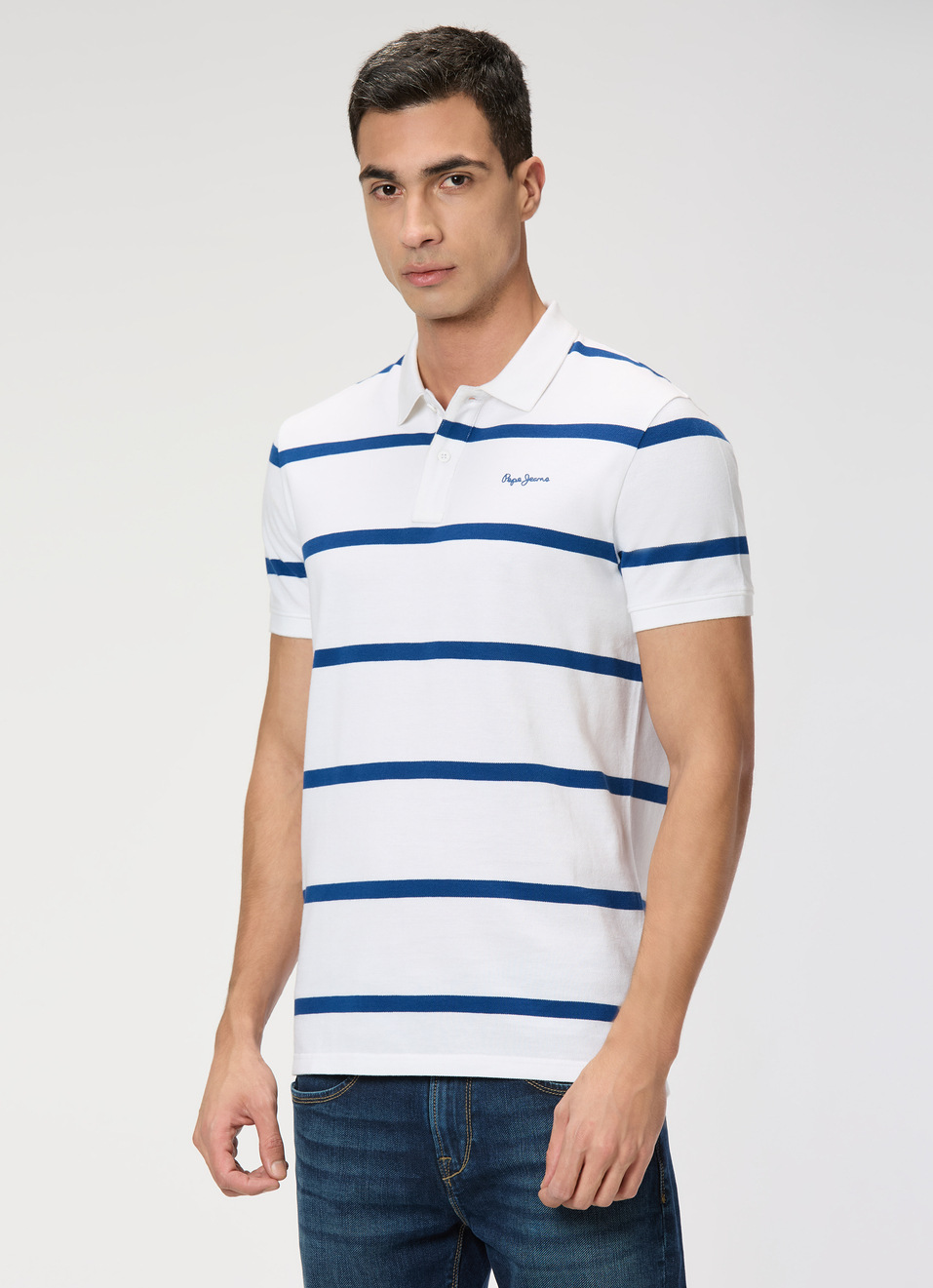 Men White Striped Polo Collar T-shirt, , large image number 3