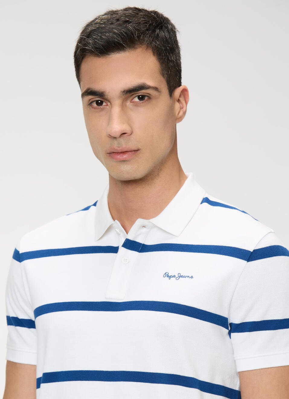 Men White Striped Polo Collar T-shirt, , large image number 4