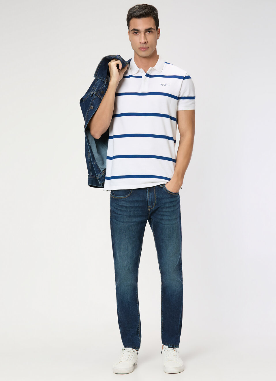 Men White Striped Polo Collar T-shirt, , large image number 5