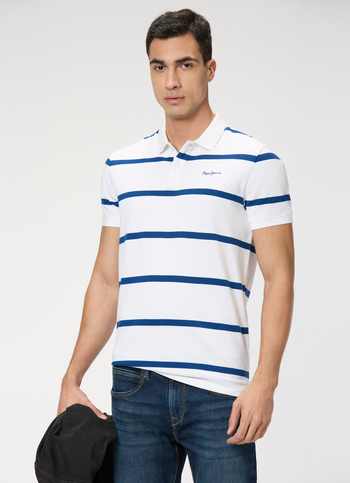 Men White Striped Polo Collar T-shirt
