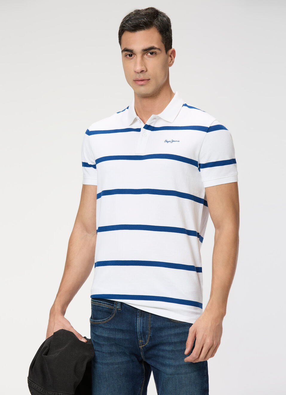 Men White Striped Polo Collar T-shirt, , large image number 0