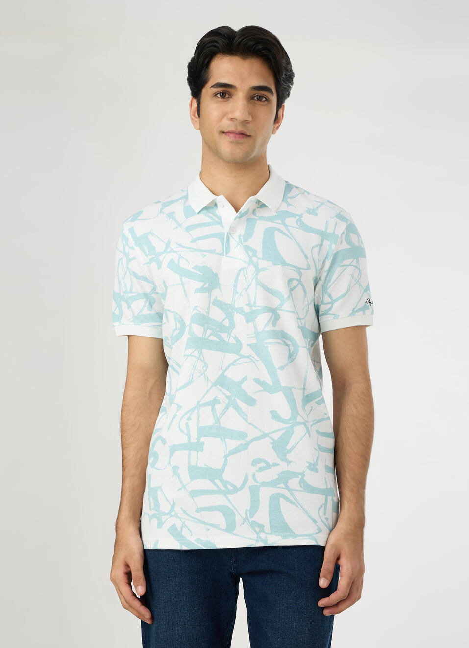 Men White Printed Polo Collar T-shirt, , large image number 1