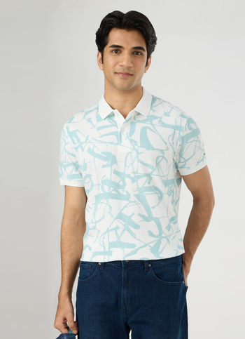 Men White Printed Polo Collar T-shirt