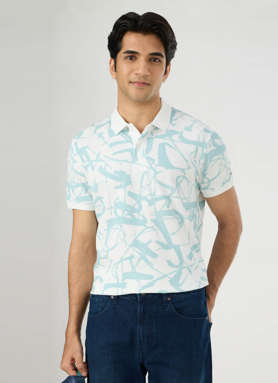 Men White Printed Polo Collar T-shirt, , large image number 0