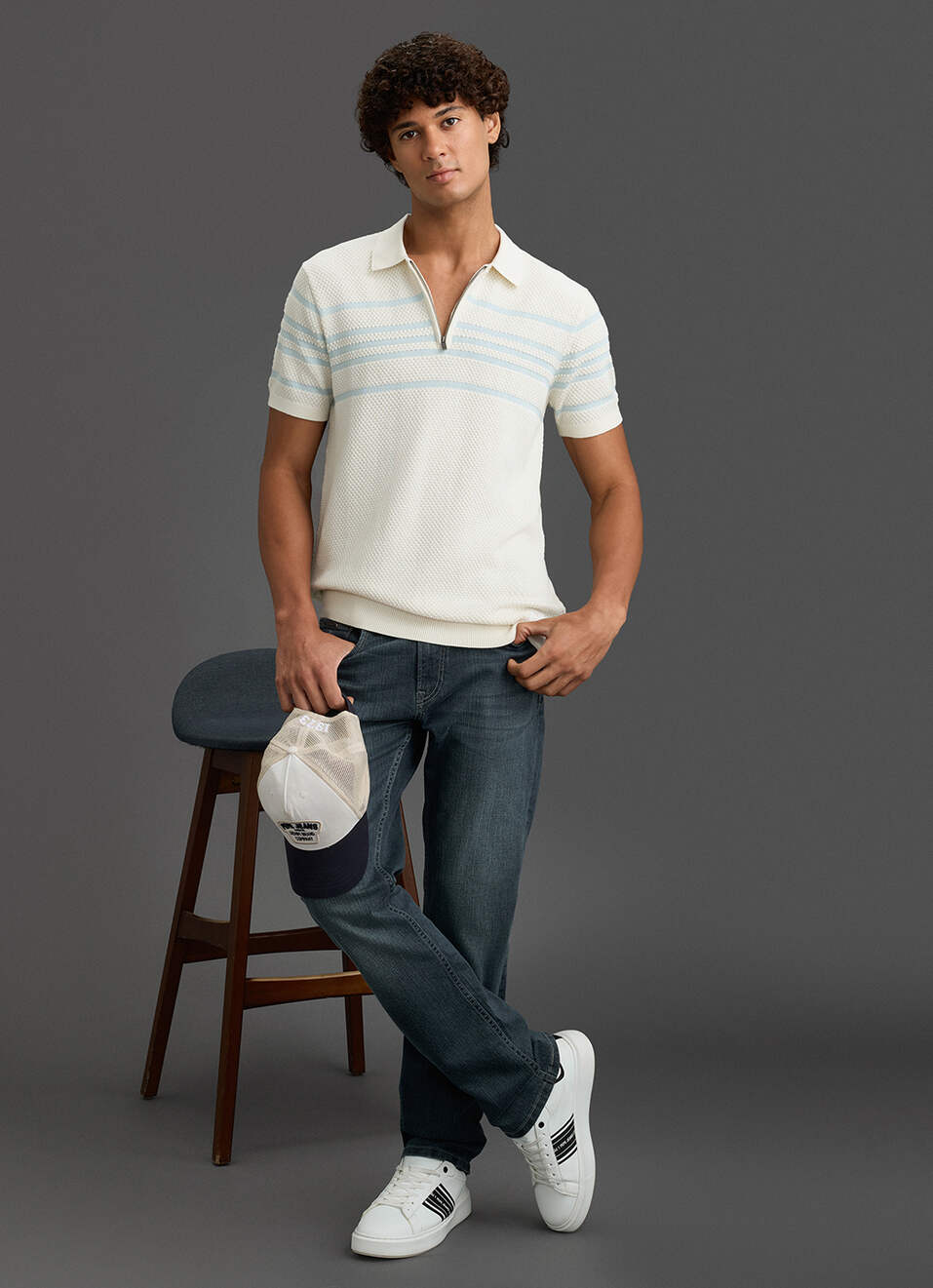 Men Off White Regular Fit Short Sleeve Striped Zip Knitted Polo, , large image number 1