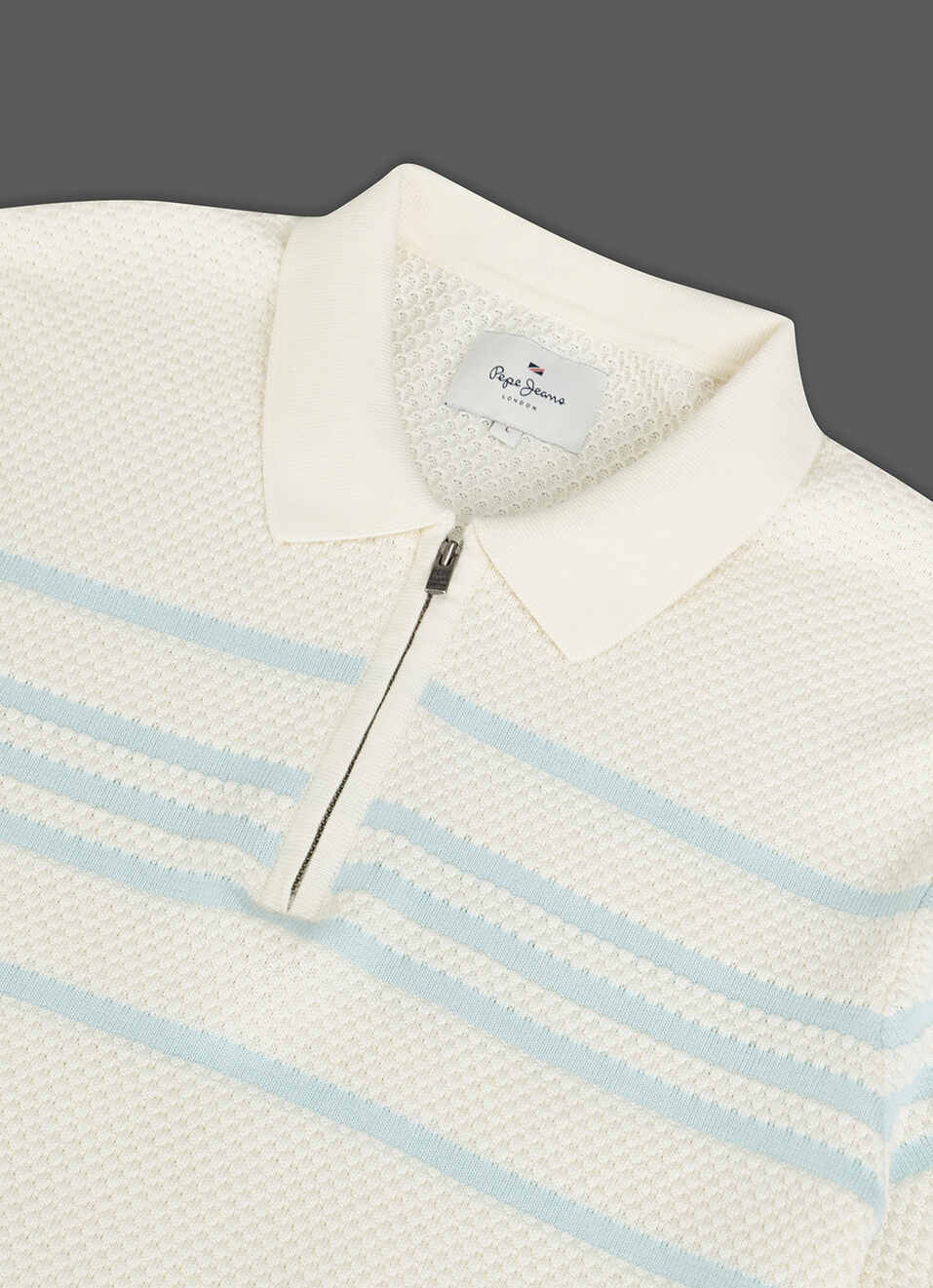 Men Off White Regular Fit Short Sleeve Striped Zip Knitted Polo, , large image number 2