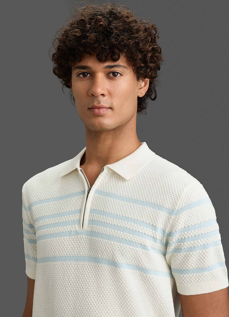 Men Off White Regular Fit Short Sleeve Striped Zip Knitted Polo, , large image number 3